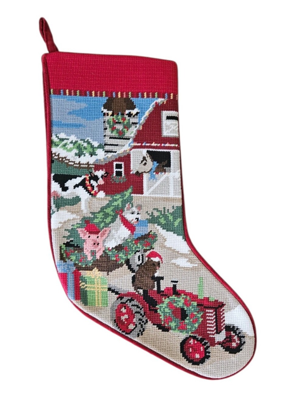 Lands' End Needlepoint Farm Holiday Stocking Unmonogrammed Tractor Animals Red